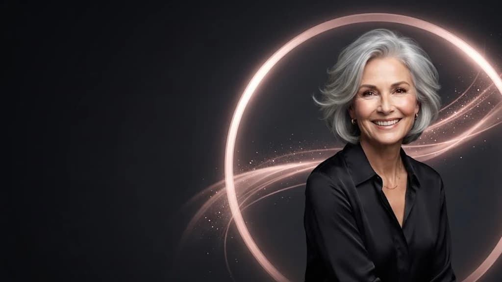 confident mature woman with a silver short haircut — Density · blunt lines